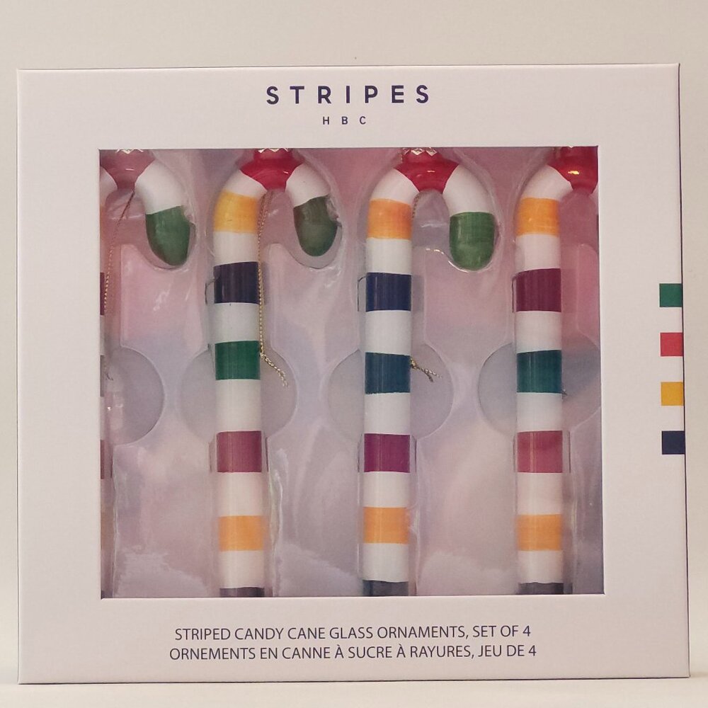 Hudson’s Bay Stripes Candy Cane Christmas Ornament, 4-Pack BNIP 💚❤️💛💙
